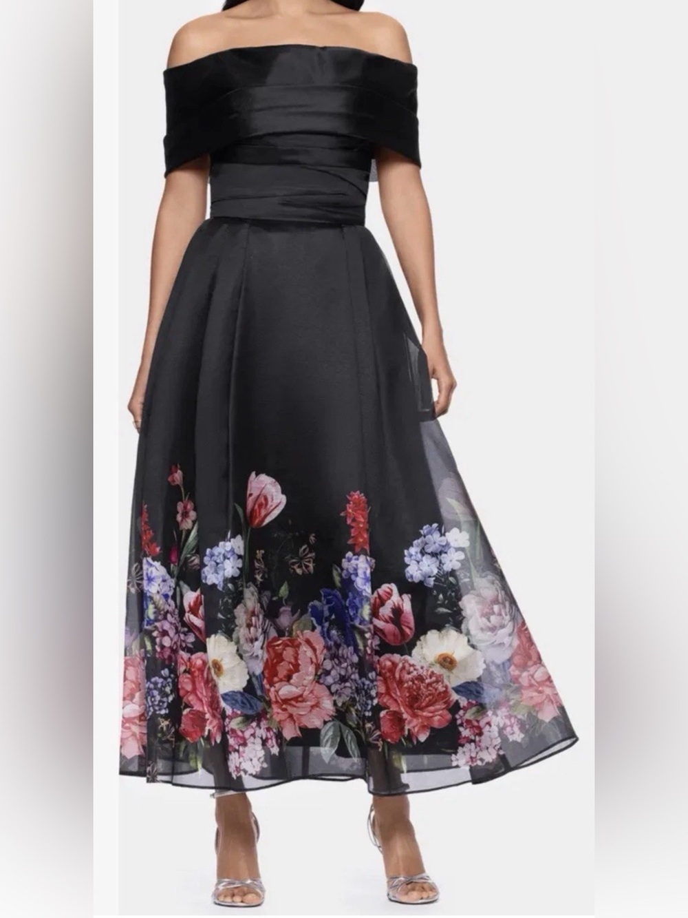 New Betsy & Adam Placed Floral Off the Shoulder Gown In Black/Red Size 10 $279